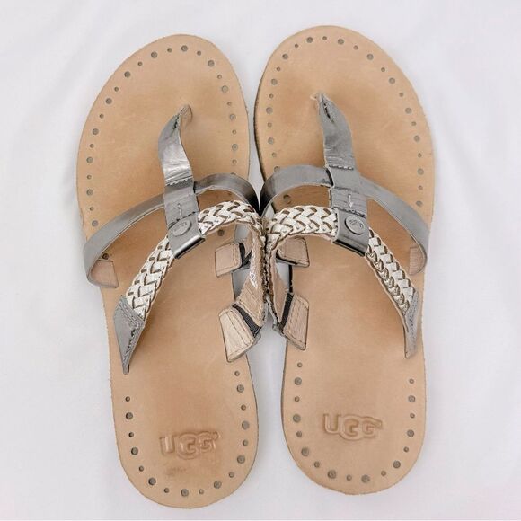 UGG Audra Metallic Silver Braid Leather Double Strap Thong Slide Boho Sandals - Picture 8 of 16